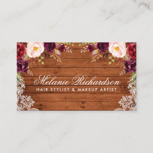 Rustic Burgundy Floral Lace Wood Business Card