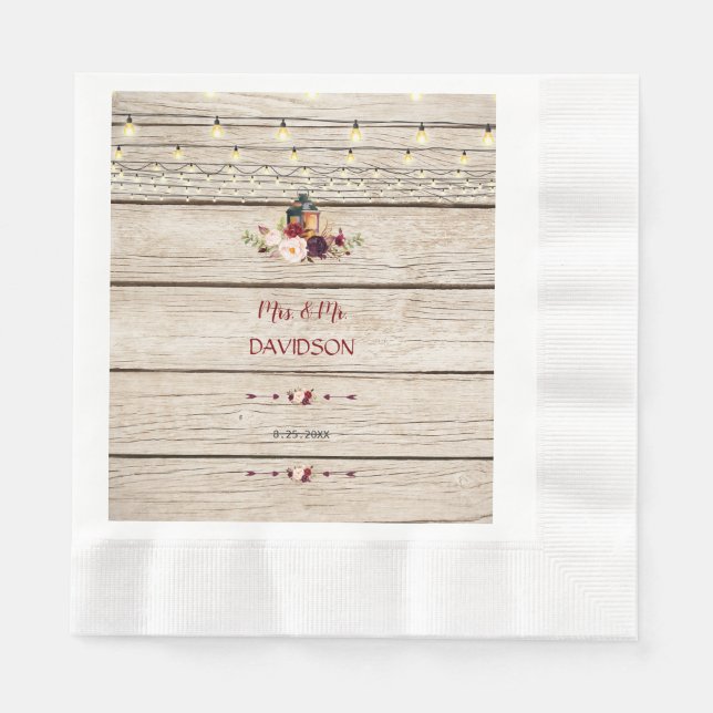 Rustic Burgundy Floral Lantern Old Barn Wedding Napkins (Front)