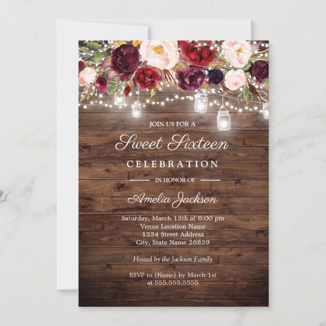 Rustic Burgundy Floral Lights 16th Sweet Sixteen Invitation (Front)