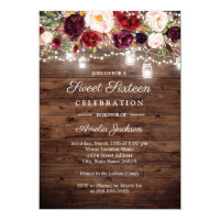 Rustic Burgundy Floral Lights 16th Sweet Sixteen Invitation