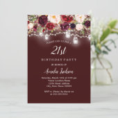 Rustic Burgundy Floral Lights 21st Birthday Invitation (Standing Front)