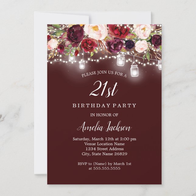 Rustic Burgundy Floral Lights 21st Birthday Invitation (Front)