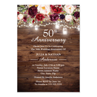 Rustic Burgundy Floral Lights 50th Anniversary Invitation