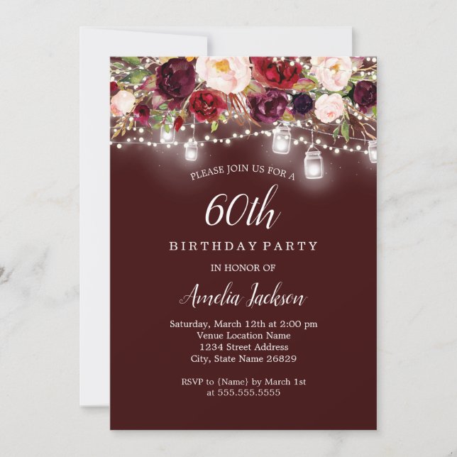 Rustic Burgundy Floral Lights 60th Birthday Invitation (Front)