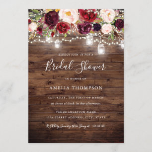 Rustic Burgundy Floral Lights Bridal Shower Invitation