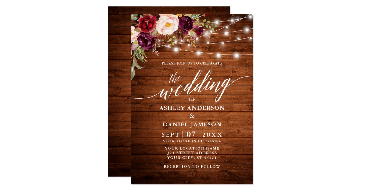 Rustic Burgundy Floral Lights Calligraphy Wedding Invitation | Zazzle.com