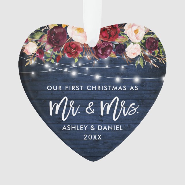 Rustic Burgundy Floral Lights Christmas Blue Ornament (Front)