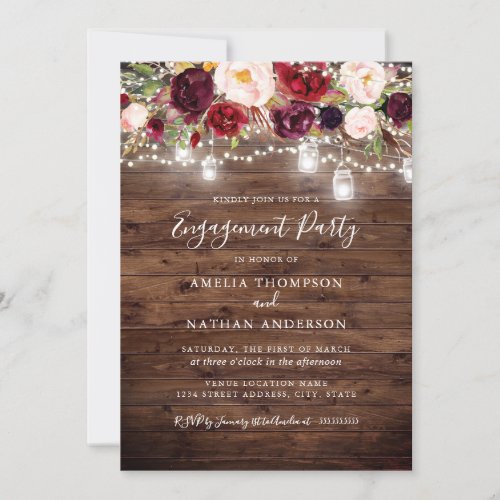 Rustic Burgundy Floral Lights Engagement Party Invitation