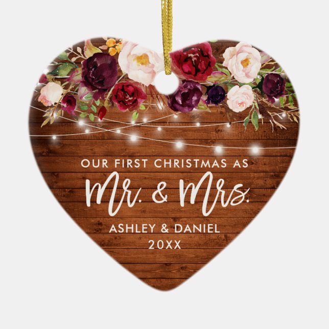 Rustic Burgundy Floral Lights First Christmas Ceramic Ornament (Front)