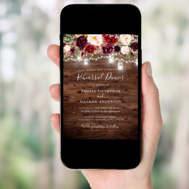 Rustic Burgundy Floral Lights Rehearsal Dinner Invitation (Front Digital)