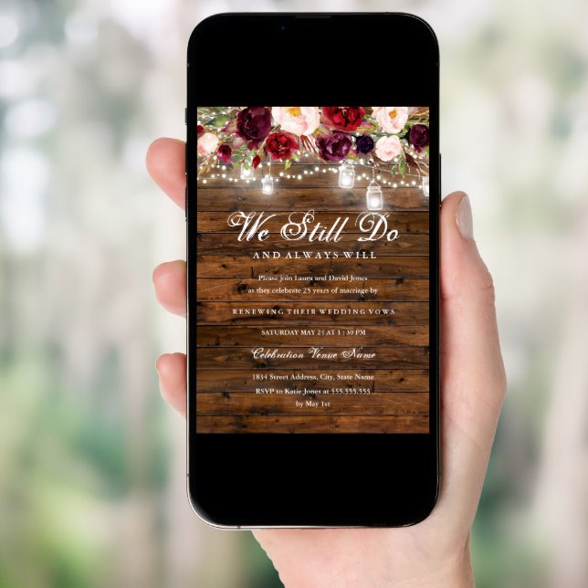 Rustic Burgundy Floral Lights Wedding Vow Renewal Invitation (Front Digital)