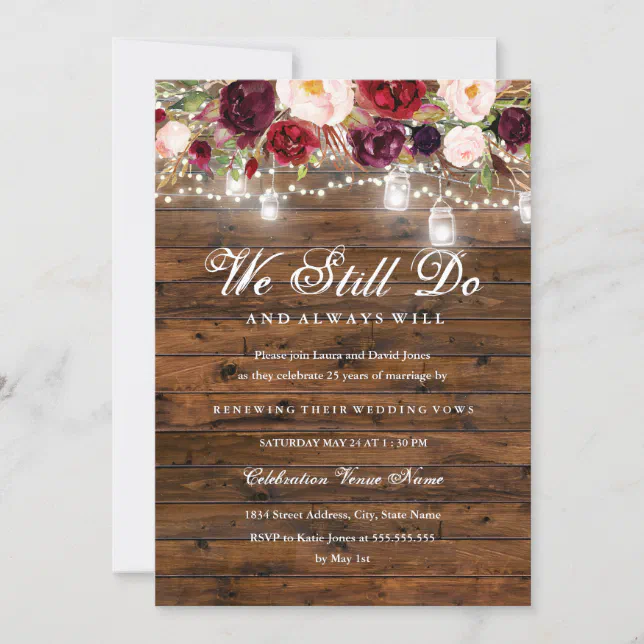 Rustic Burgundy Floral Lights Wedding Vow Renewal Invitation | Zazzle