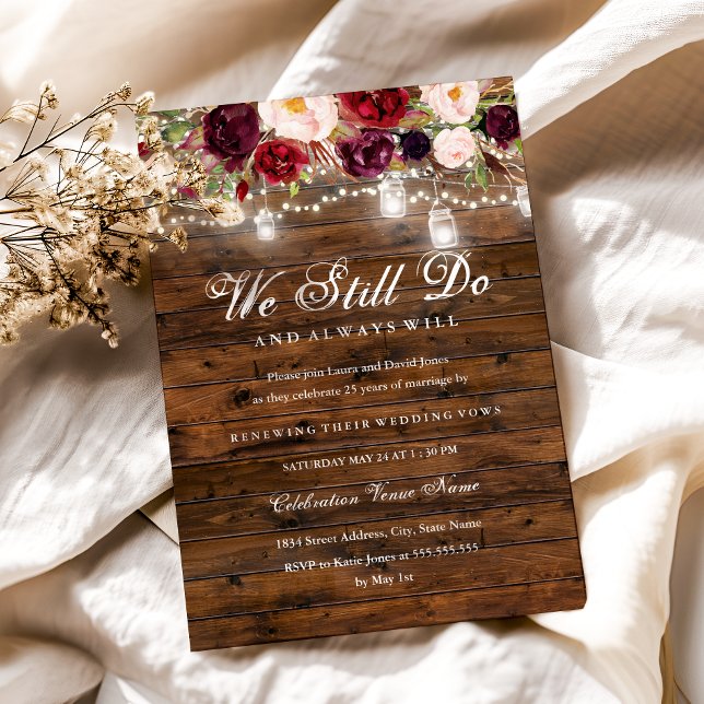 Rustic Burgundy Floral Lights Wedding Vow Renewal Invitation (Creator Uploaded)