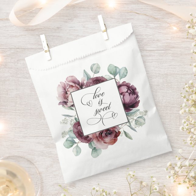 Rustic Burgundy Floral Love is Sweet Favor Bag (Clipped)