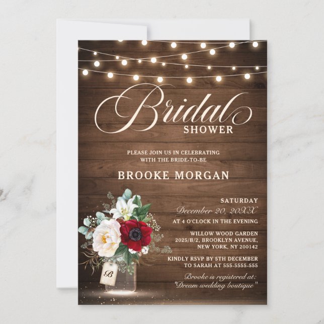 Rustic Burgundy Floral Mason Jar Bridal Shower Invitation (Front)