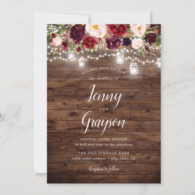 Rustic Burgundy Floral Mason Jar Lights Wedding Invitation (Front)