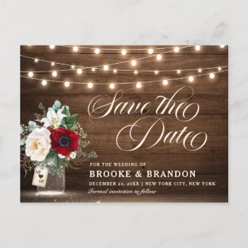Rustic Burgundy Floral Mason Jar Save The Date Postcard by blissweddingpaperie at Zazzle