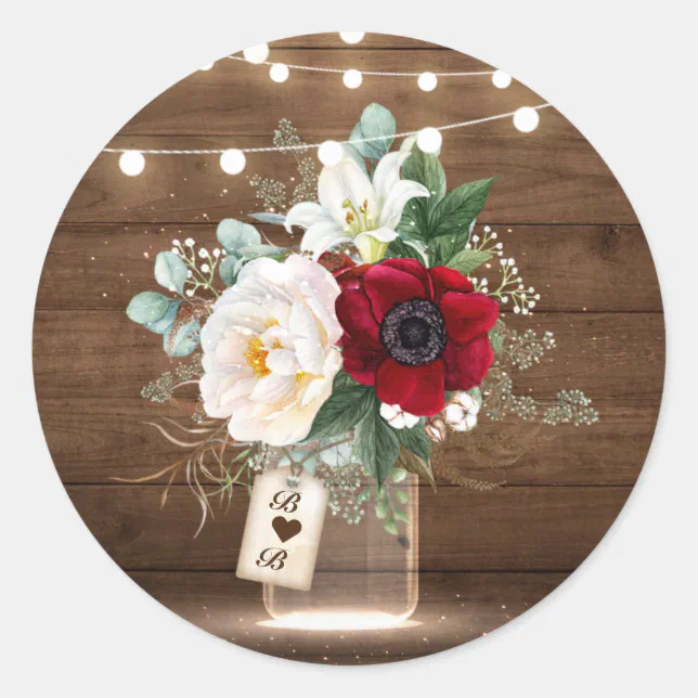 Rustic Burgundy Floral Mason Jar Wedding Envelope Classic Round Sticker ...