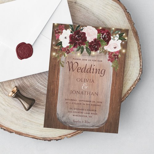Rustic Burgundy Floral Mason Jar Wedding Invitation