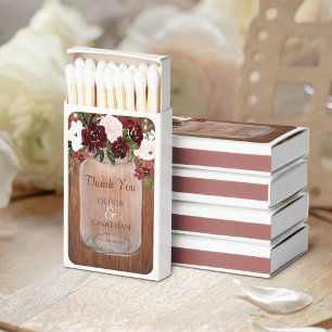 Rustic Burgundy Floral Mason Jar Wedding Matchboxes