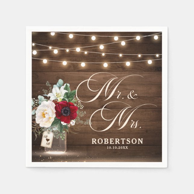 Rustic Burgundy Floral Mason Jar Wedding Napkins (Front)