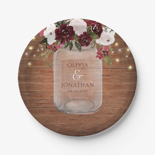 Rustic Burgundy Floral Mason Jar Wedding Paper Plates (Front)