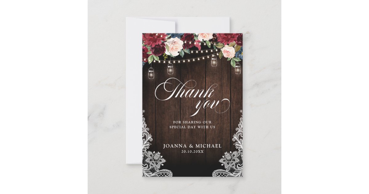 Rustic Burgundy Floral Mason Jar Wedding Thank You Card | Zazzle
