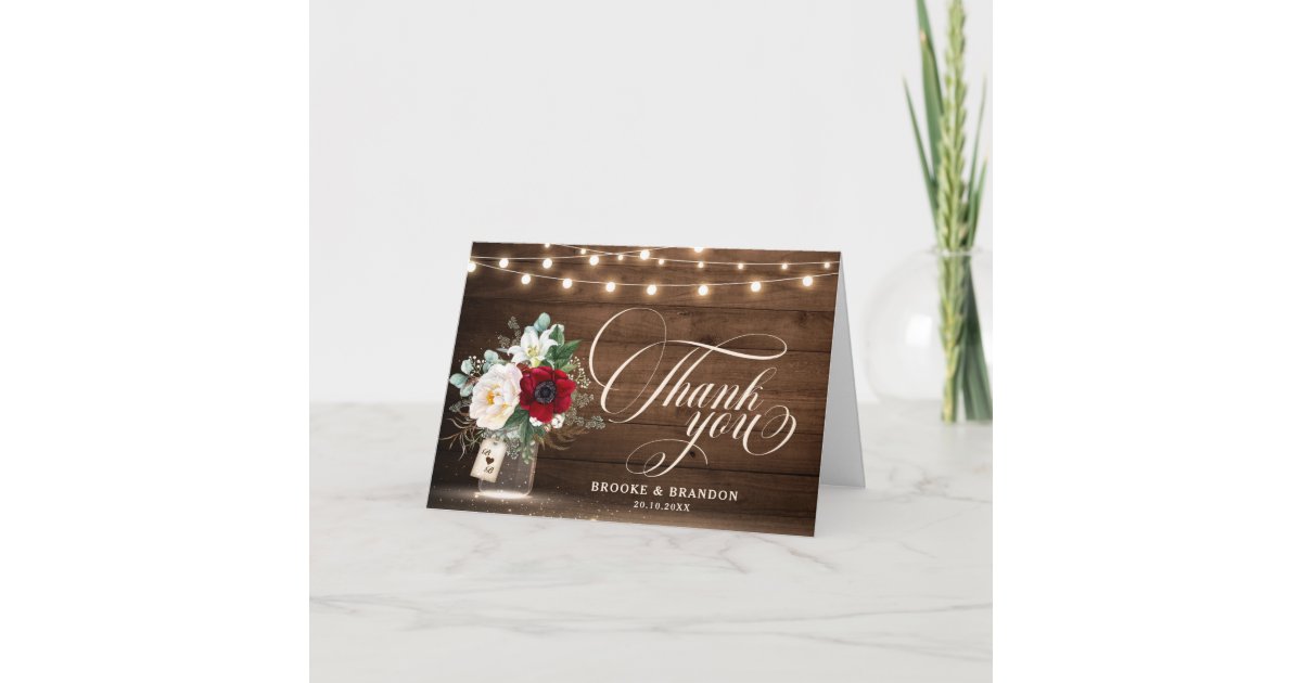 Rustic Burgundy Floral Mason Jar Wedding Thank You Card | Zazzle