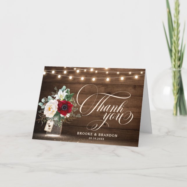 Rustic Burgundy Floral Mason Jar Wedding Thank You Card (Front)