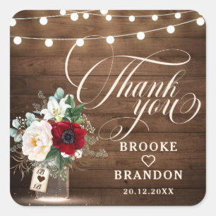 Rustic Burgundy Floral Mason Jar Wedding Thank you Square Sticker