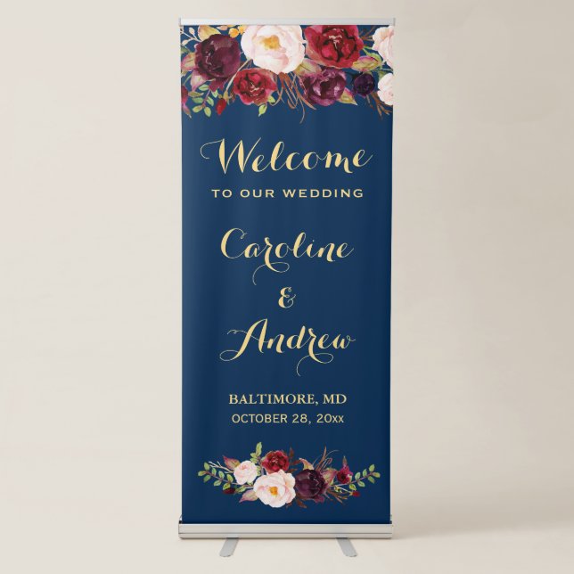 Rustic Burgundy Floral Navy Blue Wedding Welcome Retractable Banner (Front)