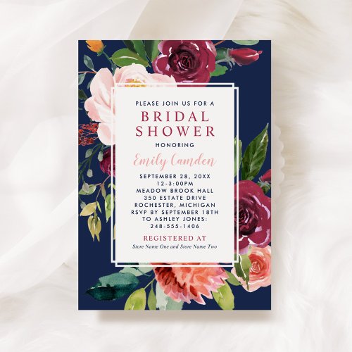 Rustic Burgundy Floral Navy Wedding Bridal Shower Invitation