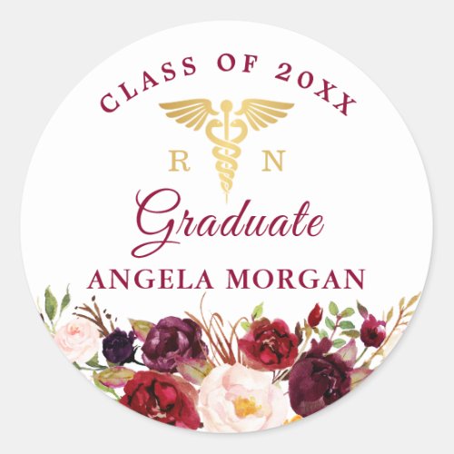 Rustic Burgundy Floral Nursing Graduate Graduation Classic Round Sticker - Customize this "Class of 2019 Rustic Burgundy Floral Nursing Graduate Graduation Sticker" to add a special touch.  It's perfect for all occasions. 
(1) For further customization, please click the "customize further" link and use our design tool to modify this template. 
(2) If you need help or matching items, please contact me.