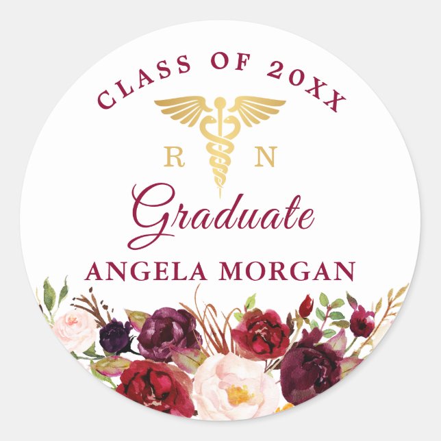 Rustic Burgundy Floral Nursing Graduate Graduation Classic Round Sticker (Front)