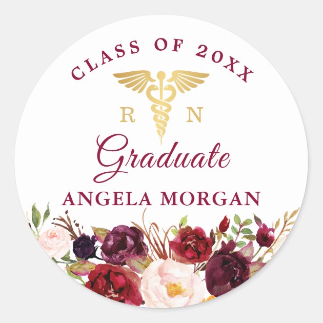 Rustic Burgundy Floral Nursing Graduate Graduation Classic Round Sticker