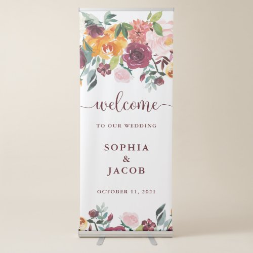 Rustic Burgundy Floral on White  Wedding Welcome Retractable Banner