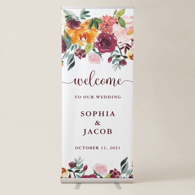 Rustic Burgundy Floral on White | Wedding Welcome Retractable Banner (Front)