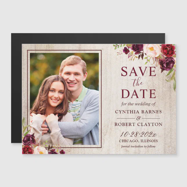 Rustic Burgundy Floral Photo Save the Date Magnet | Zazzle