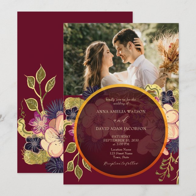 Rustic Burgundy Floral Photo Wedding Invite (Front/Back)
