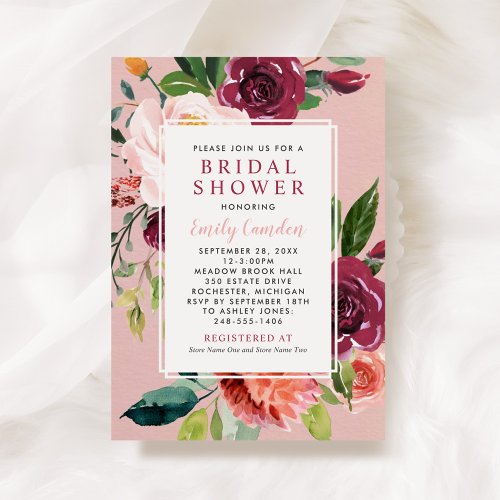 Rustic Burgundy Floral Pink Wedding Bridal Shower Invitation