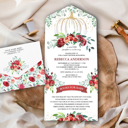 Rustic Burgundy Floral Pumpkin Baby Shower All In One Invitation