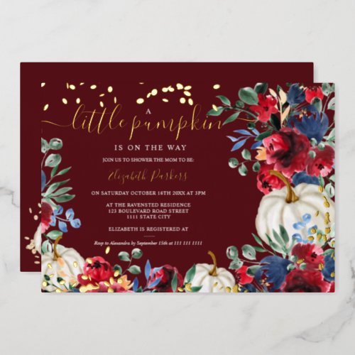 Rustic burgundy floral pumpkin fall baby shower fo foil invitation