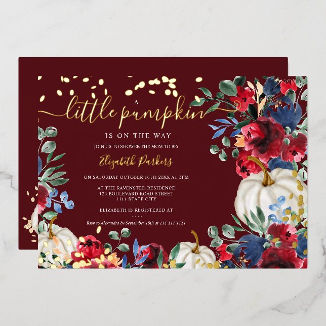 Rustic burgundy floral pumpkin fall baby shower fo foil invitation (Front/Back)