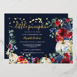 Rustic burgundy floral pumpkin fall baby shower foil invitation