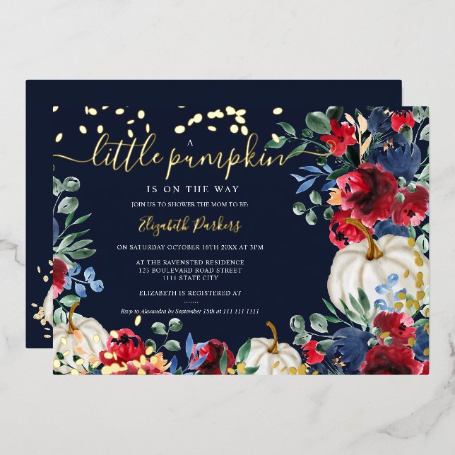 Rustic burgundy floral pumpkin fall baby shower foil invitation (Front/Back)