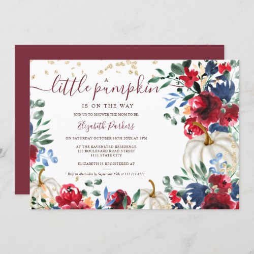 Rustic burgundy floral pumpkin fall baby shower invitation