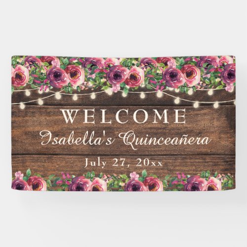 Rustic Burgundy Floral Quinceaera Welcome Banner