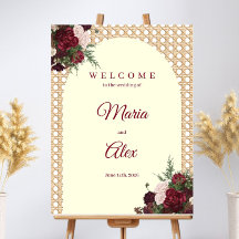 Rustic Burgundy Floral Rattan Border Welcome Sign