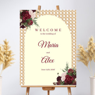 Rustic Burgundy Floral Rattan Border Welcome Sign