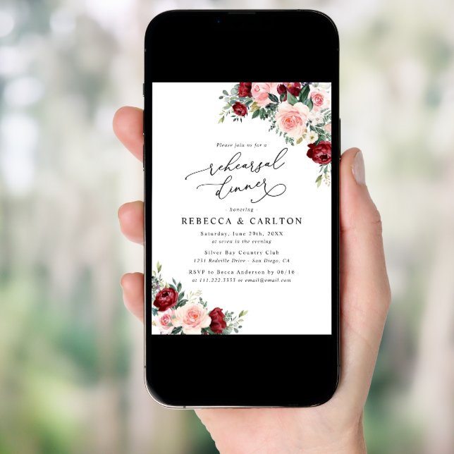 Rustic Burgundy Floral Rehearsal Dinner Invitation (Front Digital)